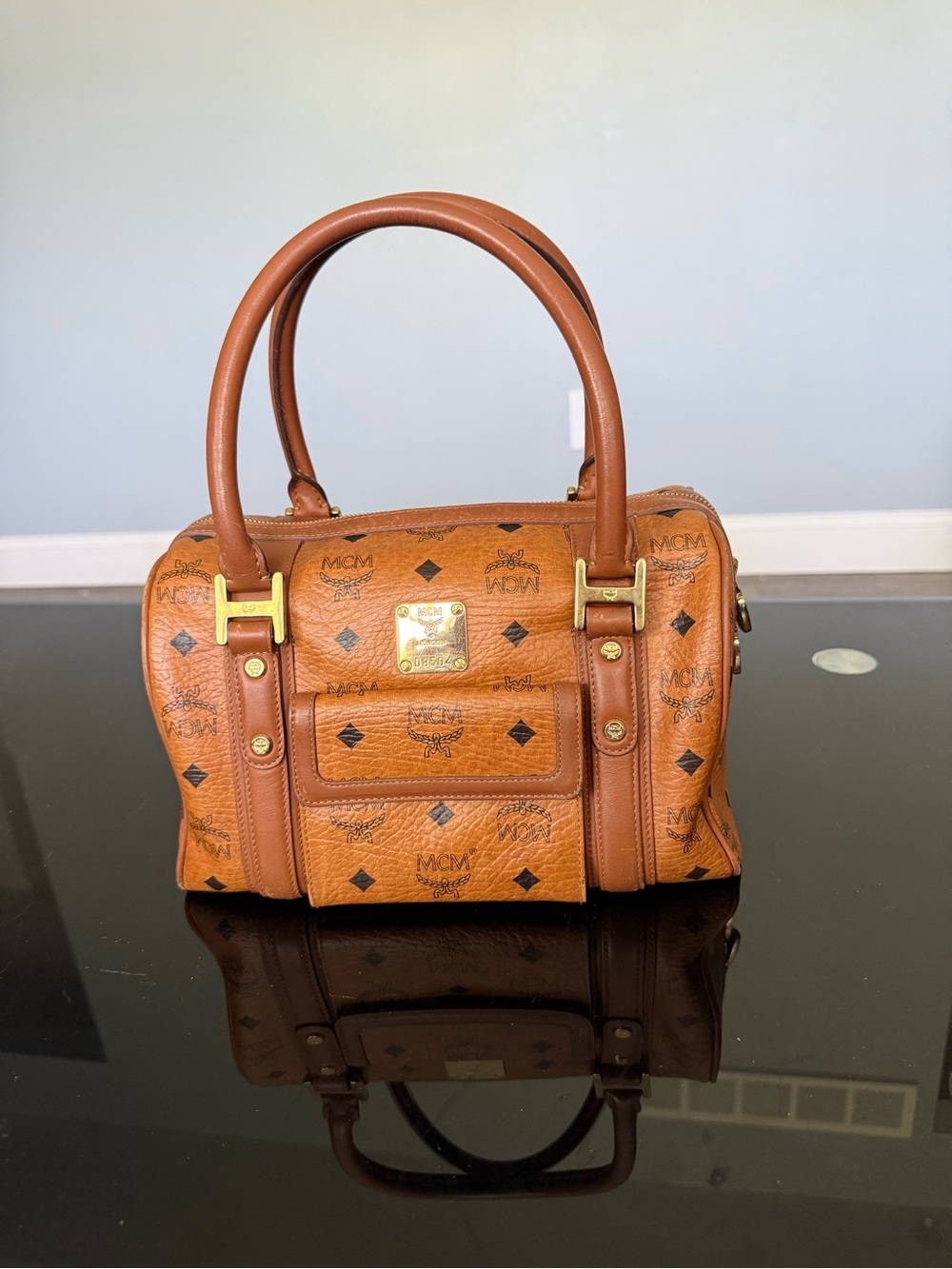 MCM Cognac Visetos Mini Satchel with Gold Hardware